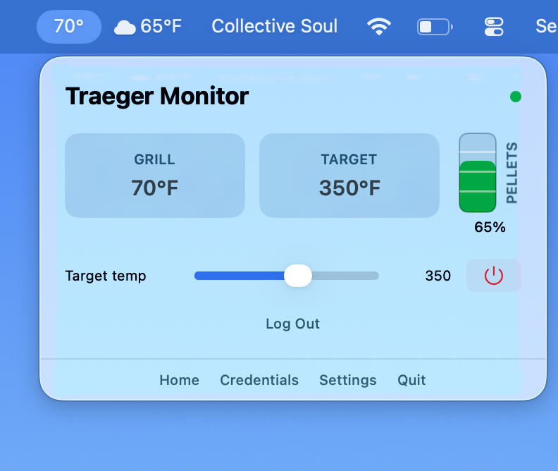 The Smoke Test menu bar dropdown showing grill 70&deg;F, target 350&deg;F, pellets 65%, a target-temperature slider set to 350, and a shutdown button